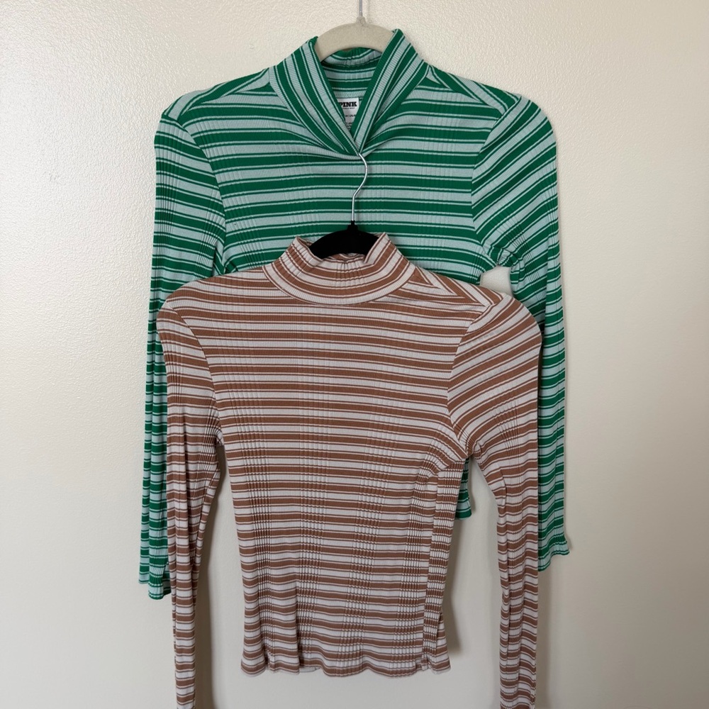 VS PINK Green Stripe & Tan Stripe Ribbed Turtleneck Bundle